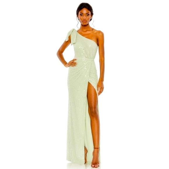 NWT $598 Mac Duggal Pearl Embellished Soft Tie One Shoulder Gown Mint Green Teal - Picture 1 of 14